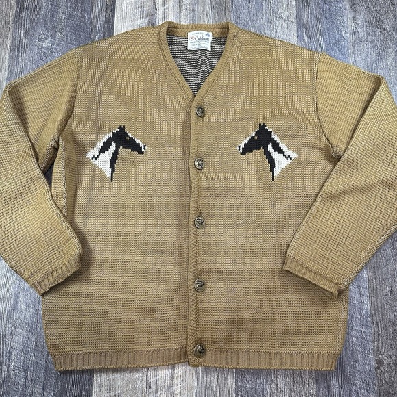 Vintage Caldwell Knit Rite Mills Pure Virgin Wool Horse Cardigan Sweater Mens XL - Picture 1 of 16